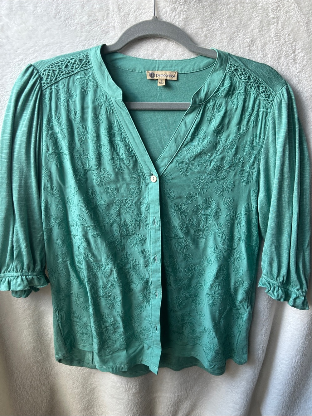 Democracy Teal Embroidered v-neck Button-Front Blouse